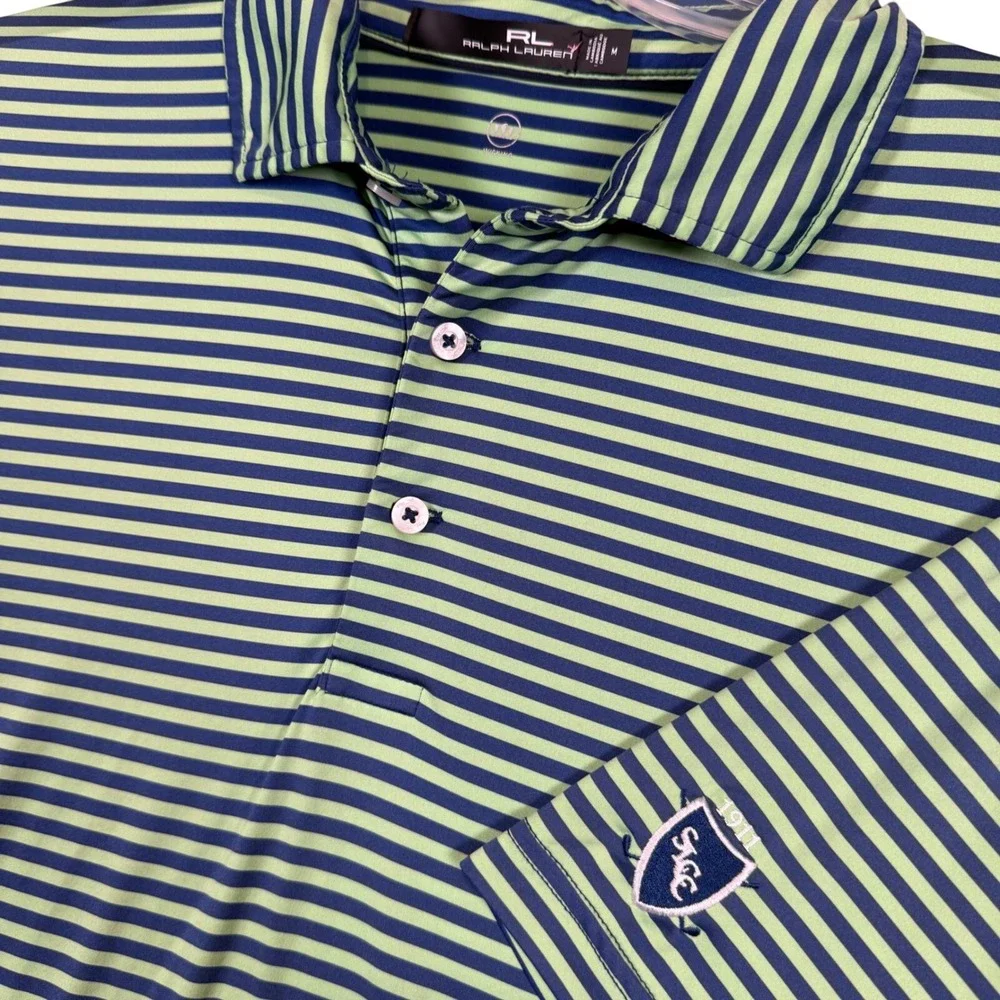 RLX Ralph Lauren Golf Polo Shirt Mens‎ Medium Striped Performance Blue Green